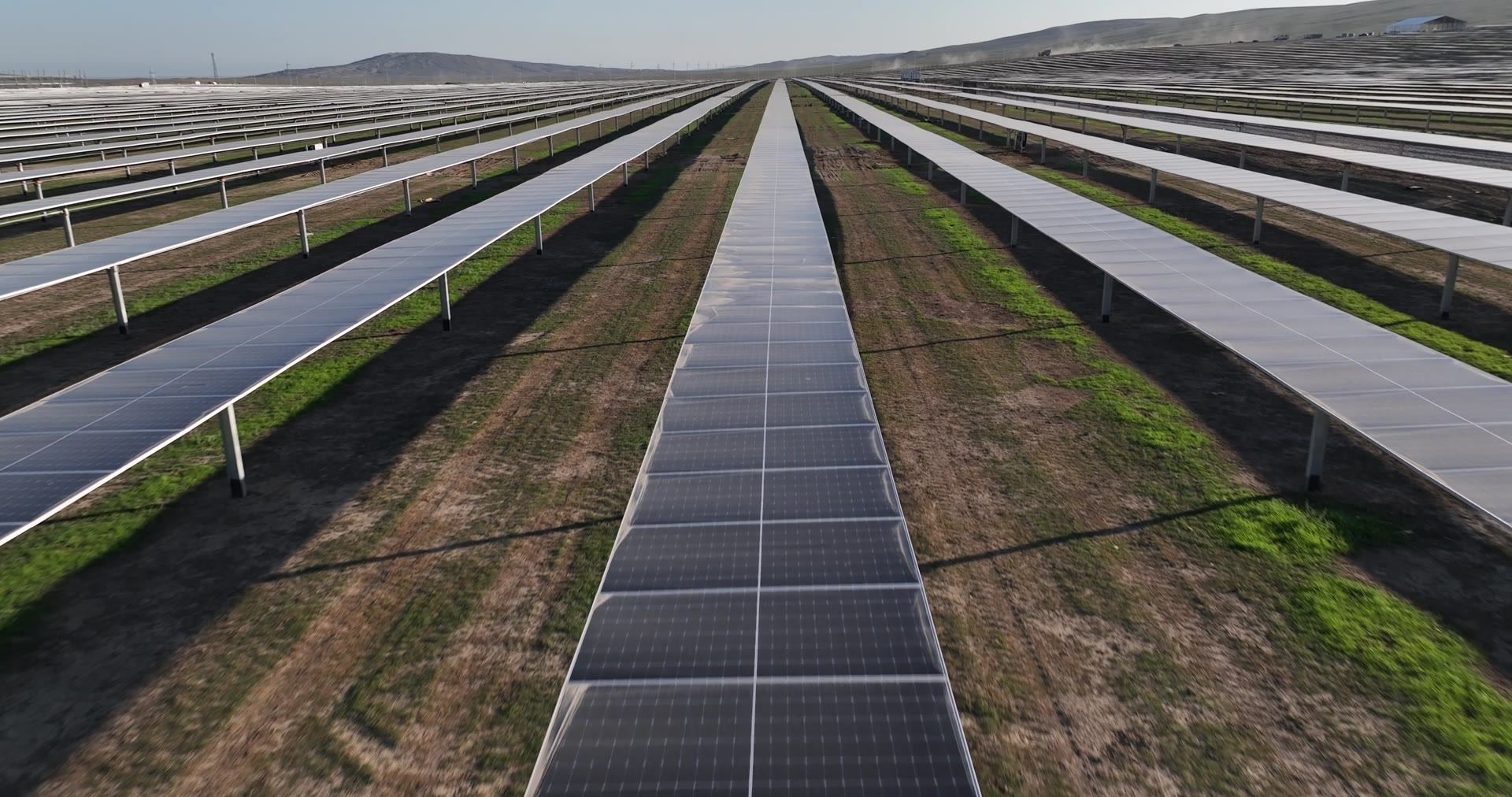 Aerial view of a solar farm layout